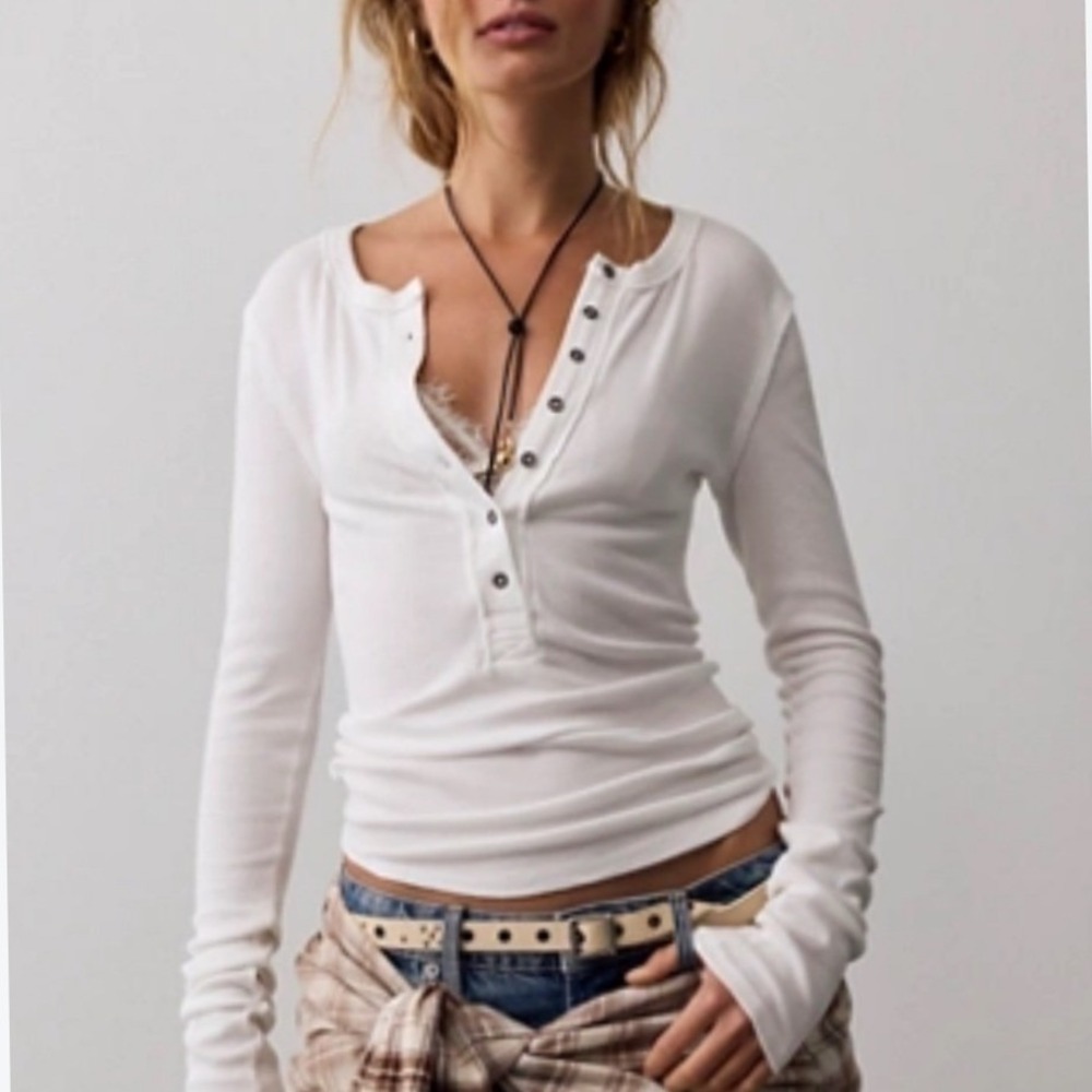 Free People White Ribbed Knit Thermal Henley Top Women's Small Boho Long Sleeve